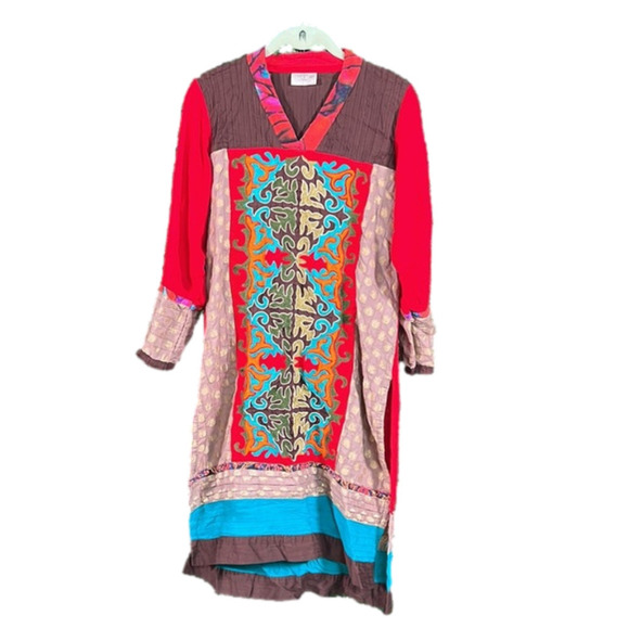 Cotton Ginny Tunic Top Kurta Red Teal Embroidered Bohemian Art to Wear Sz Small - Picture 3 of 12